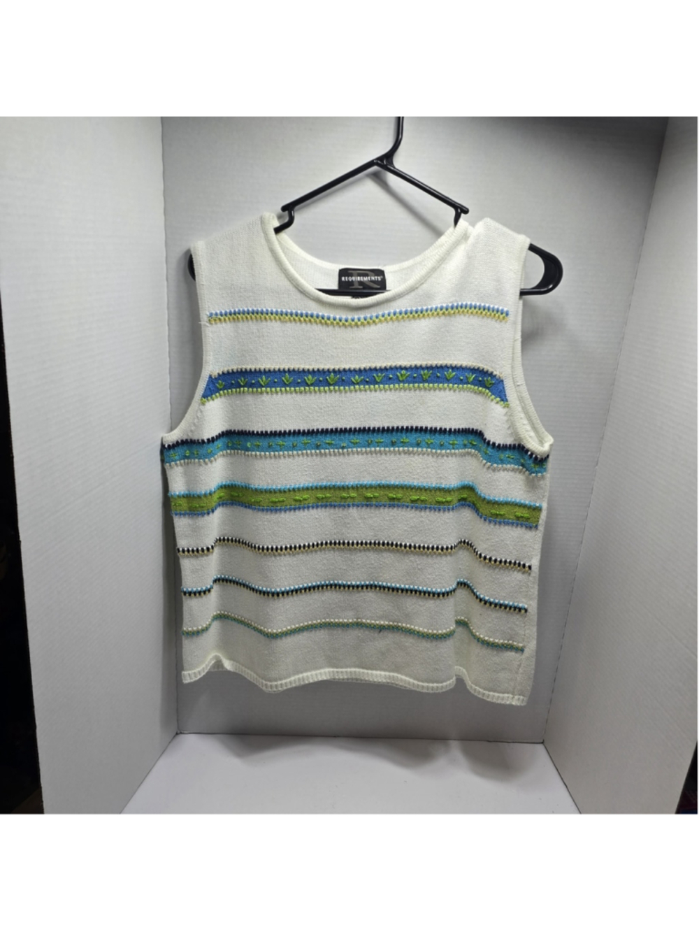 Requirements white sleeveless knit top with blue and green beaded stripes XL